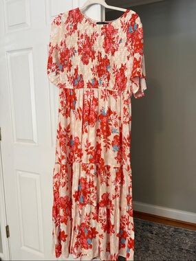 Cream Midi Dress with Orange Floral Print and Blue Accents by Zesica